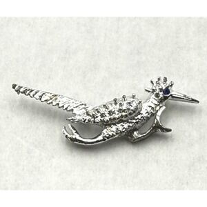 Vintage Roadrunner Bird Brooch Blue Rhinestone Eye Silver Tone